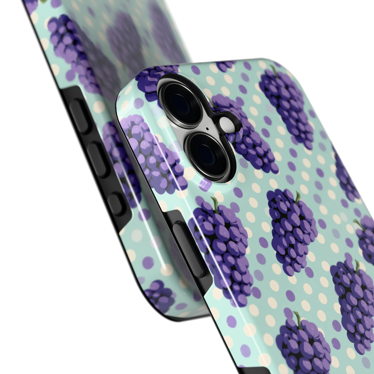 Druiven op Stippen hoesje voor iPhone 16 Plus, close-up