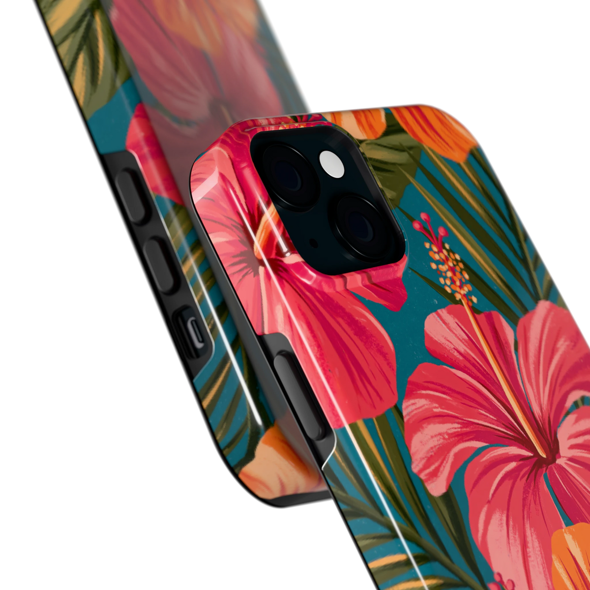 Hibiscus Paradijs hoesje voor iPhone 15 Plus, close-up