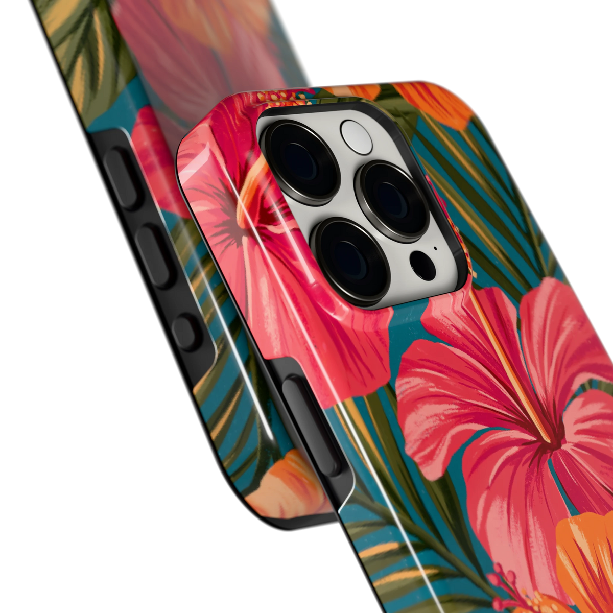 Hibiscus Paradijs hoesje voor iPhone 15 Pro, close-up