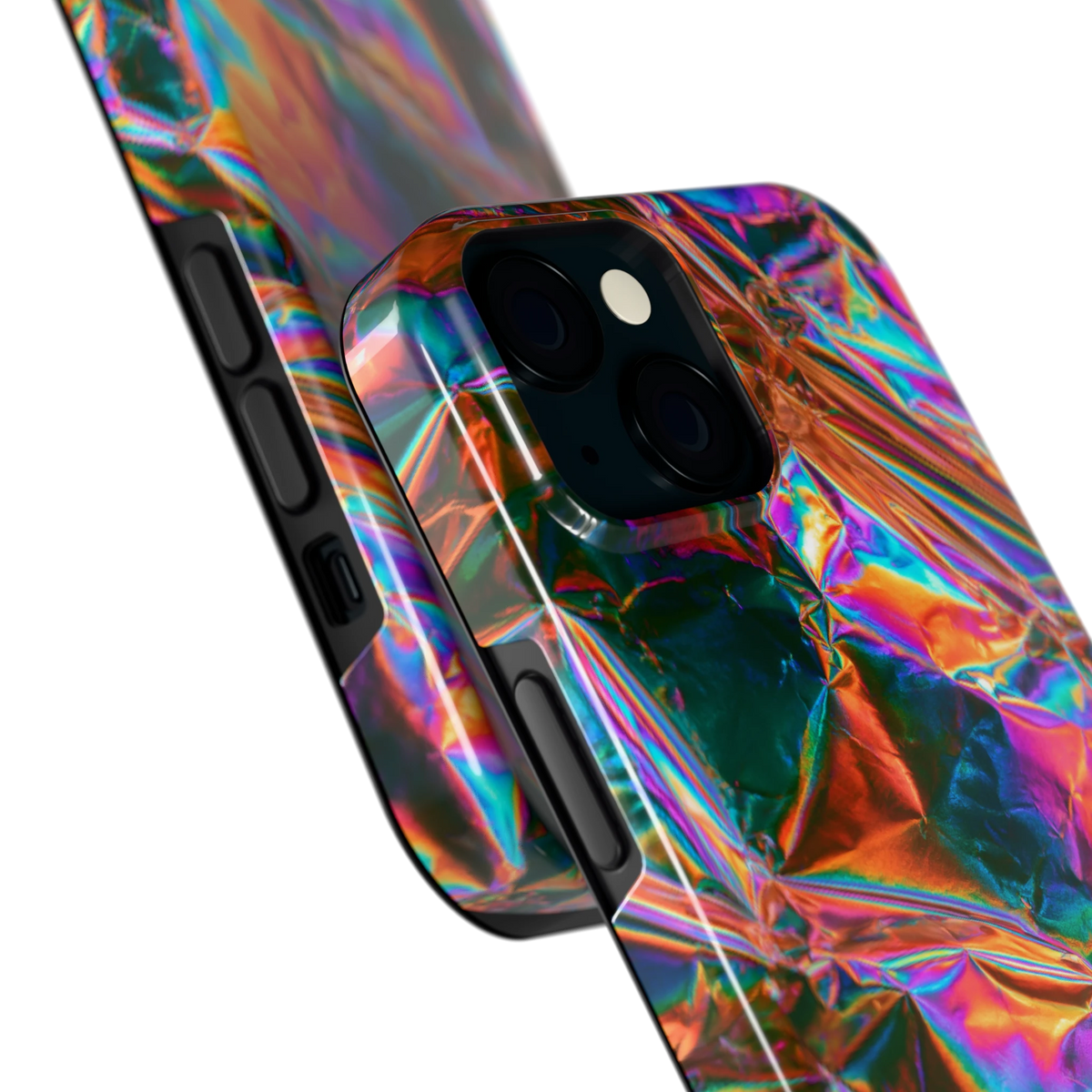 Holografische print hoesje voor iPhone 15, close-up