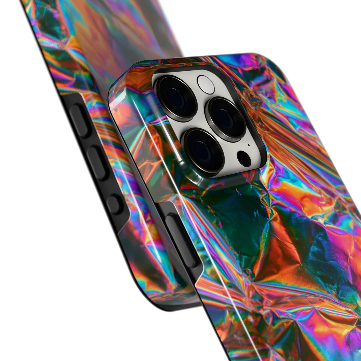 Holografische print hoesje voor iPhone 15 Pro Max, close-up