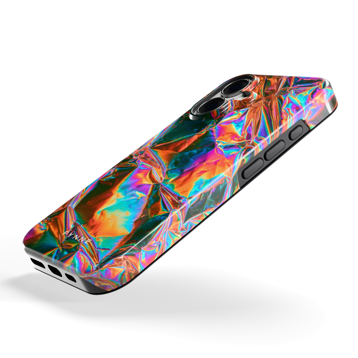 Holografische print hoesje voor iPhone 16, schuin