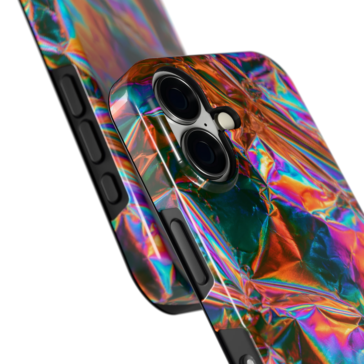 Holografische print hoesje voor iPhone 16, close-up