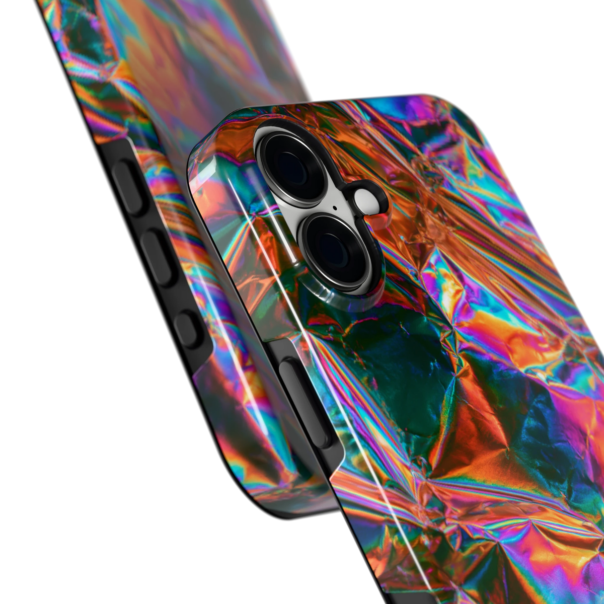 Holografische print hoesje voor iPhone 16 Plus, close-up