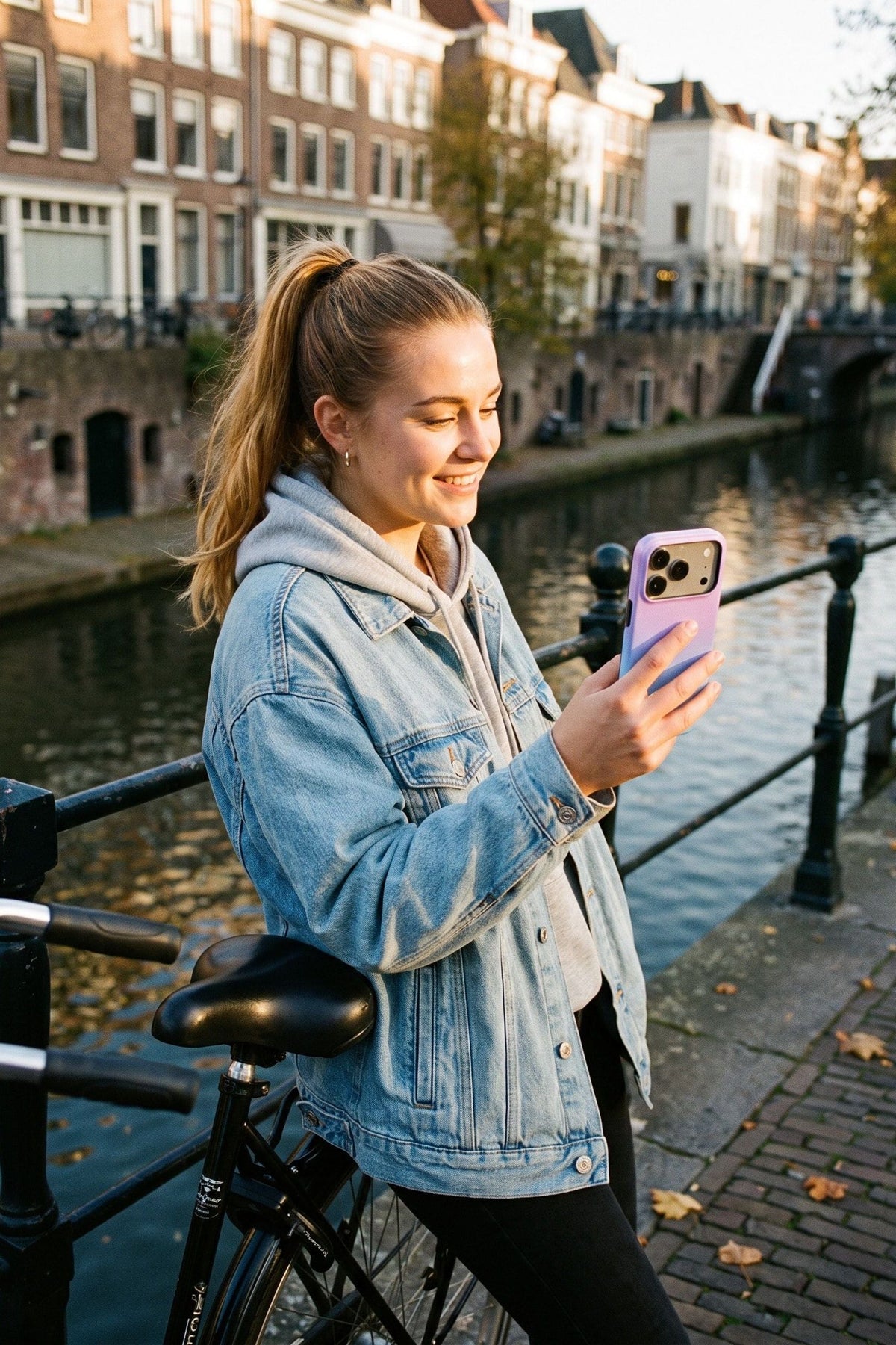 Vrouw leunt op haar fiets aan de Oudegracht in Utrecht en kijkt op haar telefoon met het Fynne-hoesje Cotton Candy Cloud