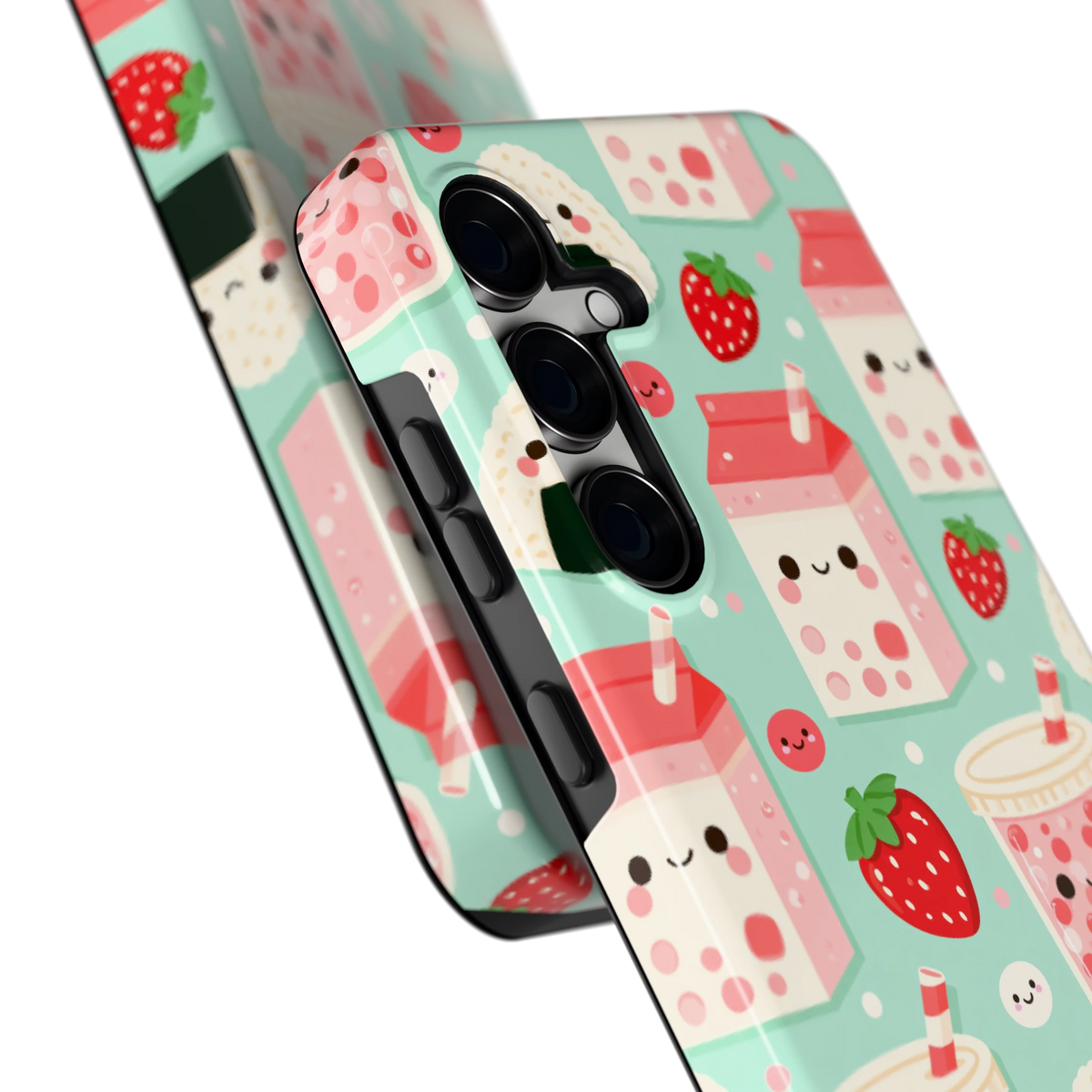 Kawaii Aardbeisnacks hoesje voor Galaxy S24 FE, close-up