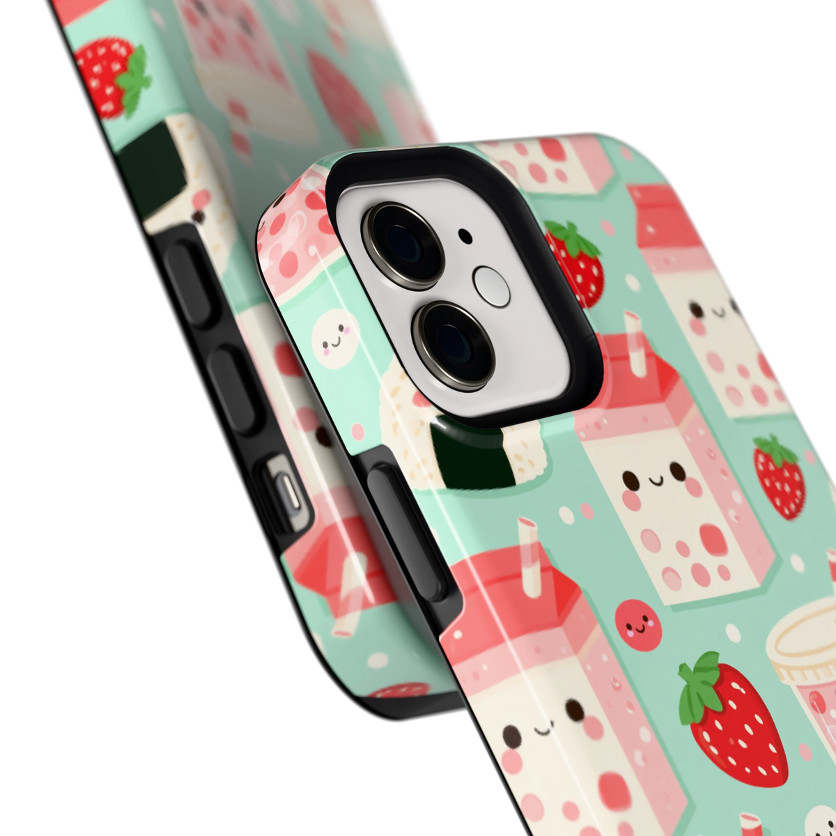 Kawaii Aardbeisnacks hoesje voor iPhone 12, close-up