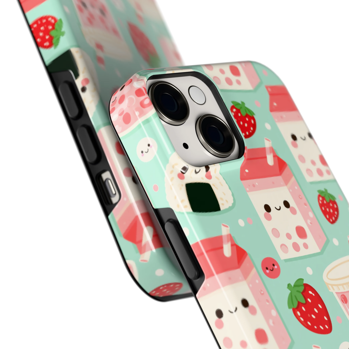 Kawaii Aardbeisnacks hoesje voor iPhone 14, close-up