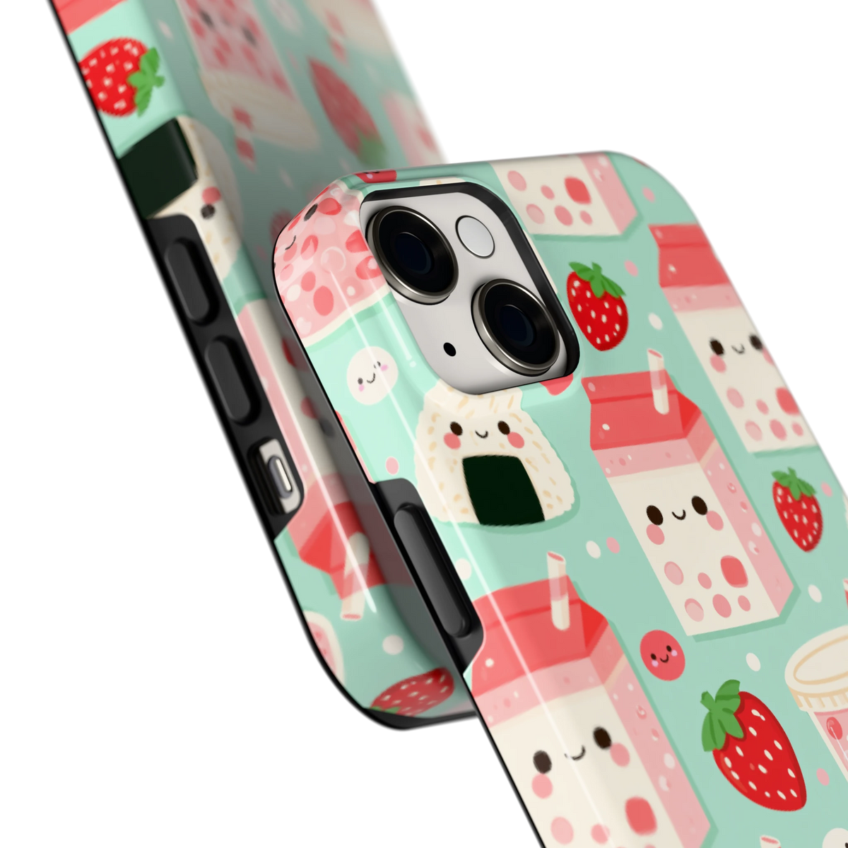 Kawaii Aardbeisnacks hoesje voor iPhone 14 Plus, close-up