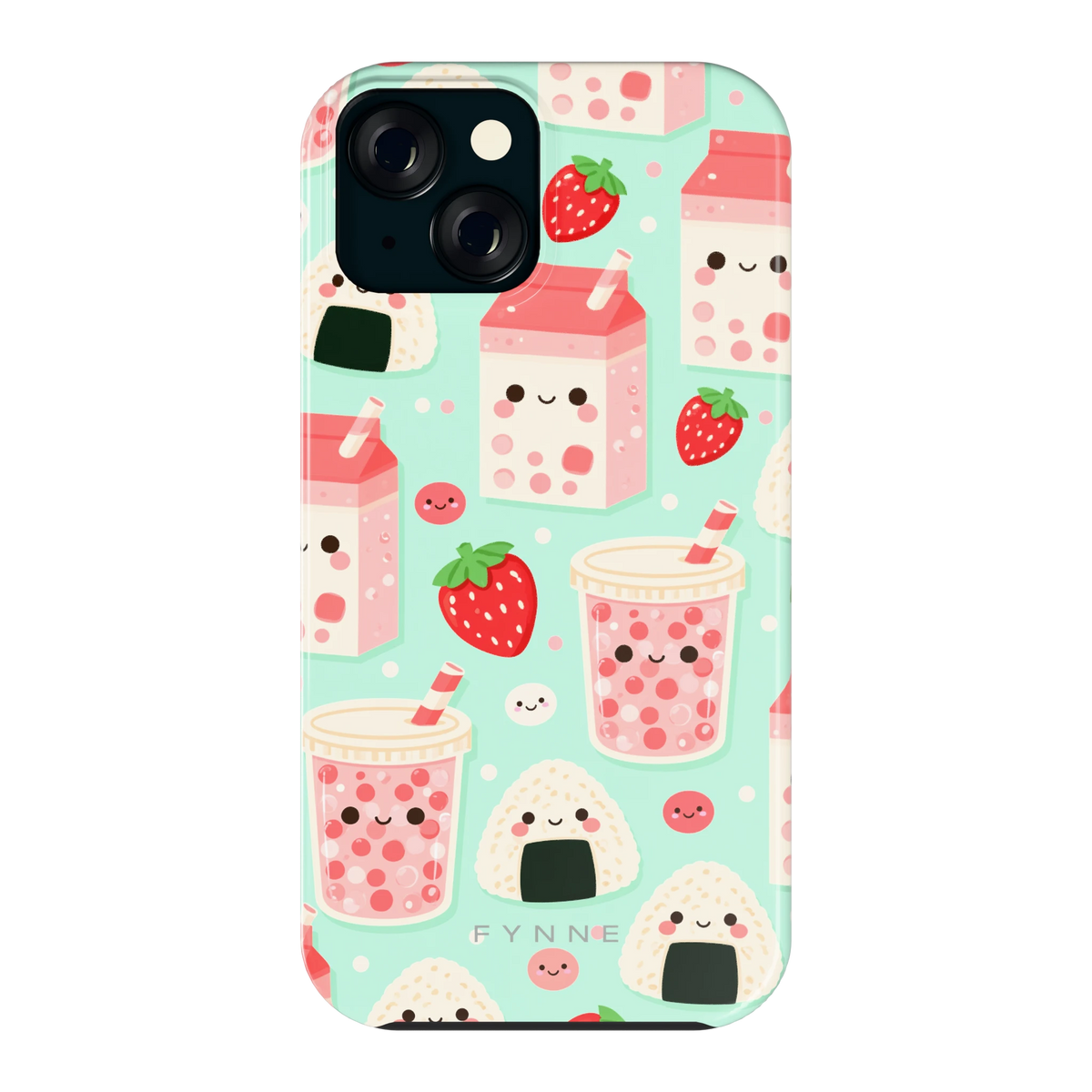 Kawaii Aardbeisnacks hoesje voor iPhone 15, achterkant