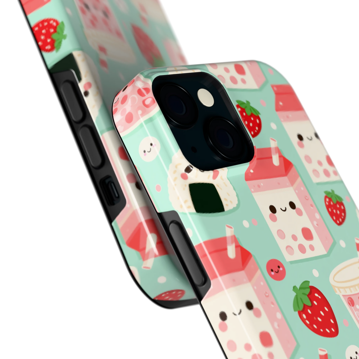 Kawaii Aardbeisnacks hoesje voor iPhone 15, close-up
