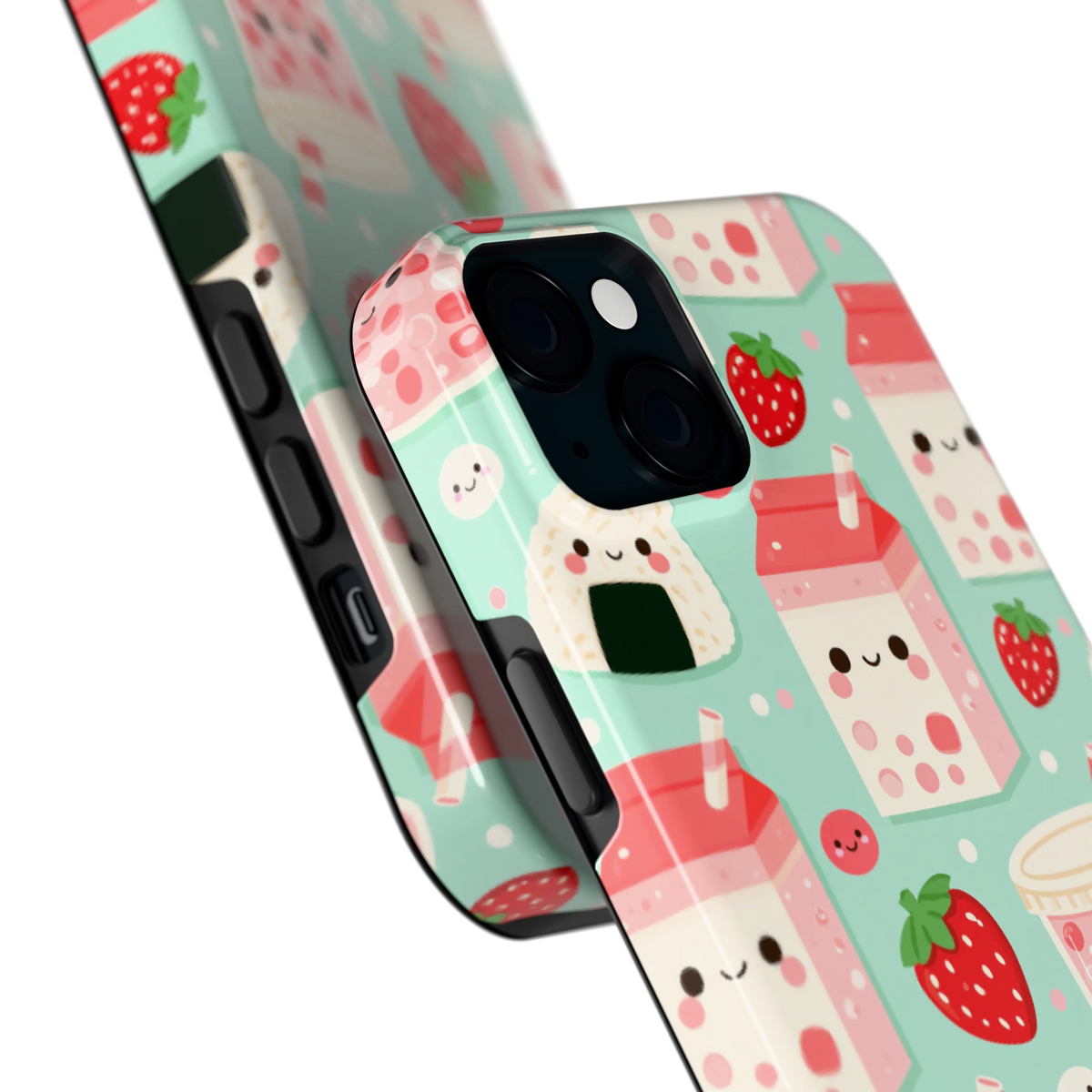 Kawaii Aardbeisnacks hoesje voor iPhone 15 Plus, close-up