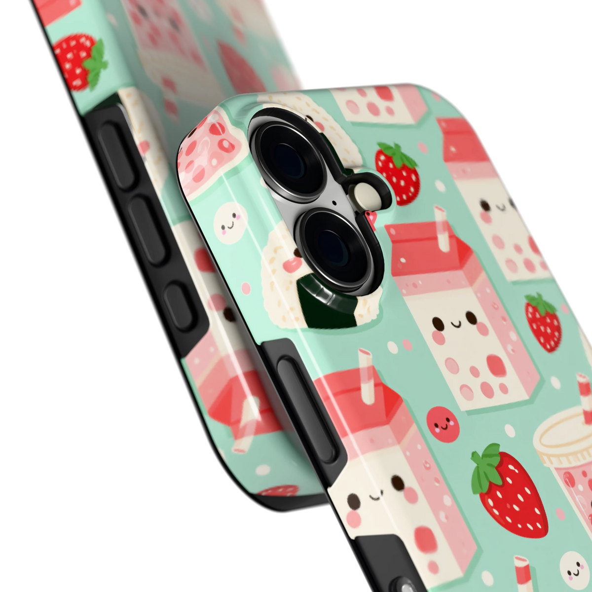Kawaii Aardbeisnacks hoesje voor iPhone 16, close-up