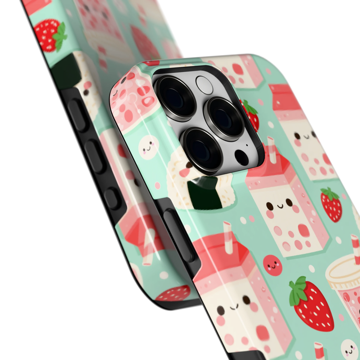 Kawaii Aardbeisnacks hoesje voor iPhone 16 Pro Max, close-up