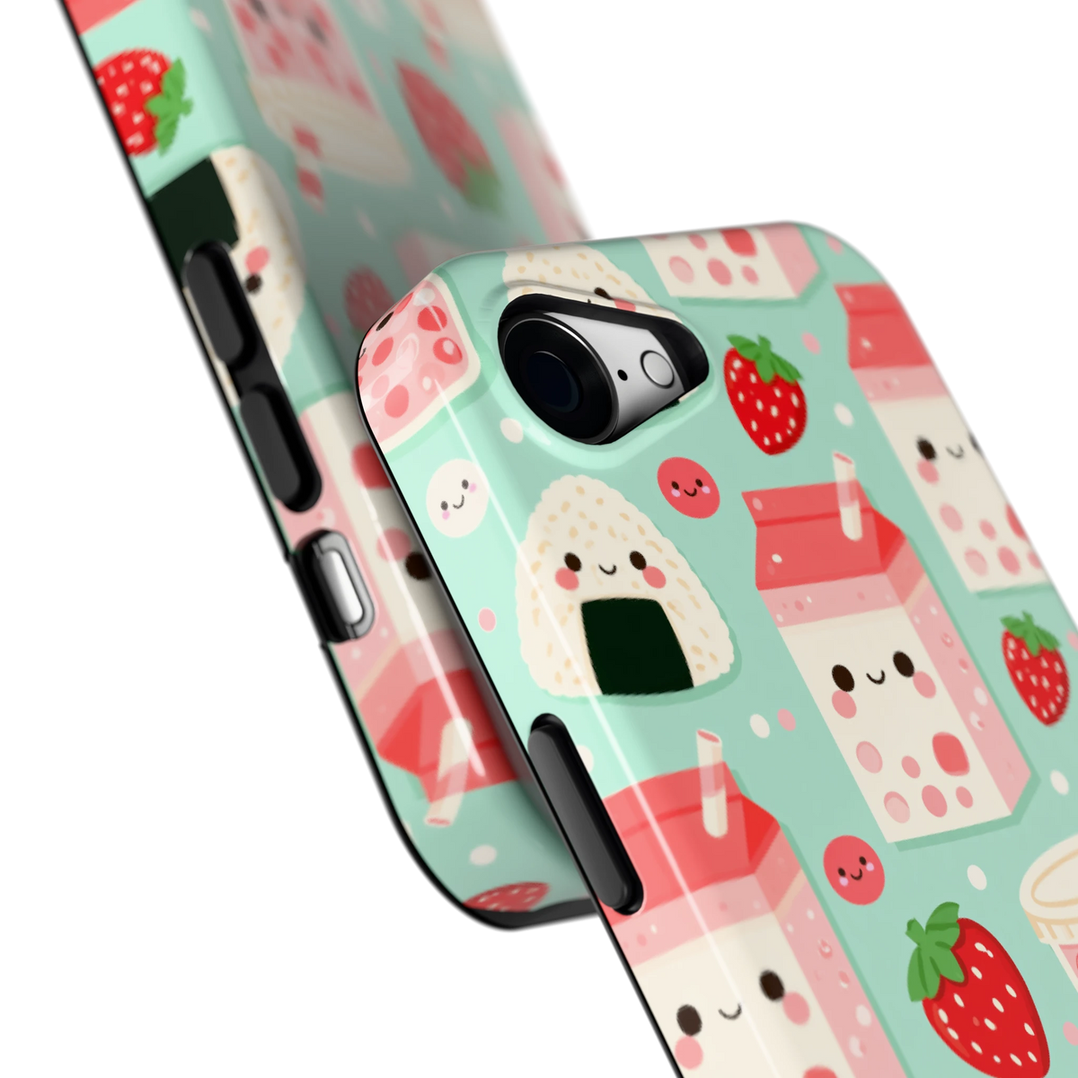 Kawaii Aardbeisnacks hoesje voor iPhone 16e, close-up