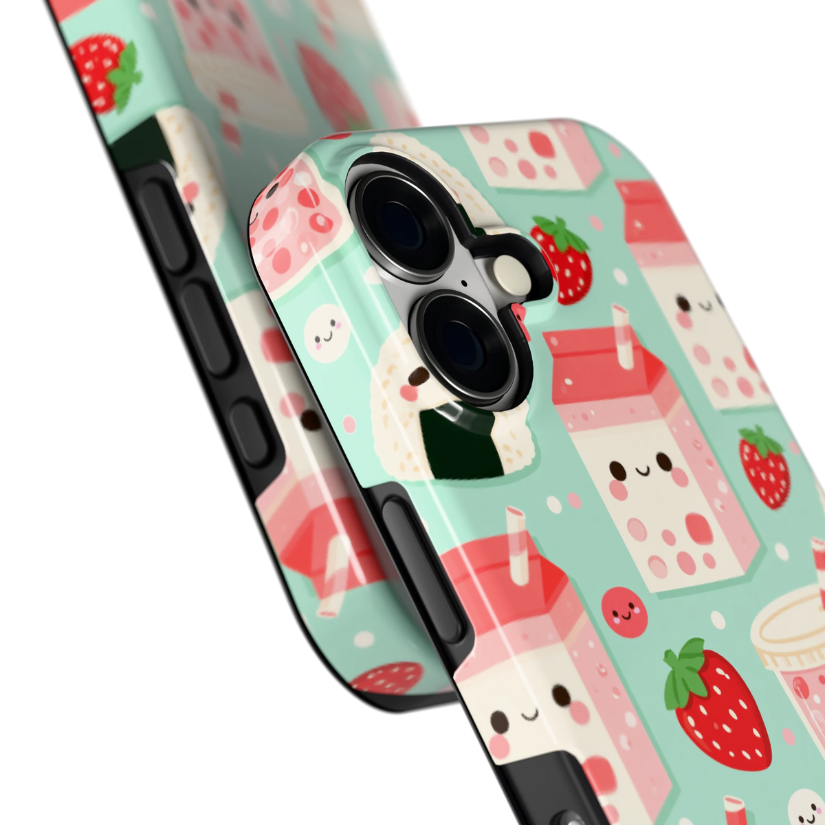 Kawaii Aardbeisnacks hoesje voor iPhone 17, close-up