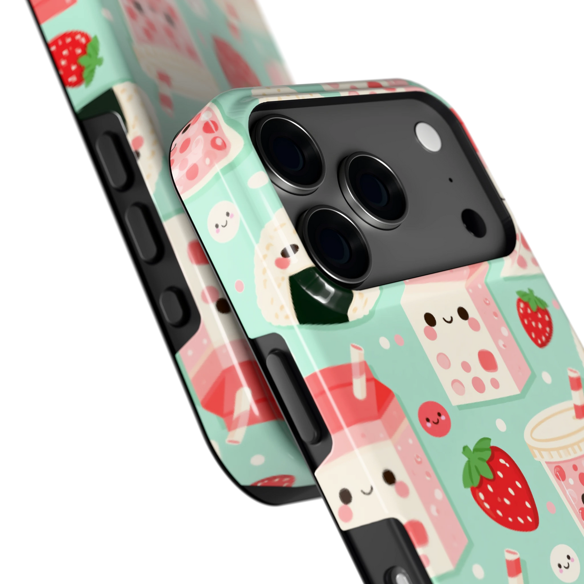 Kawaii Aardbeisnacks hoesje voor iPhone 17 Pro, close-up