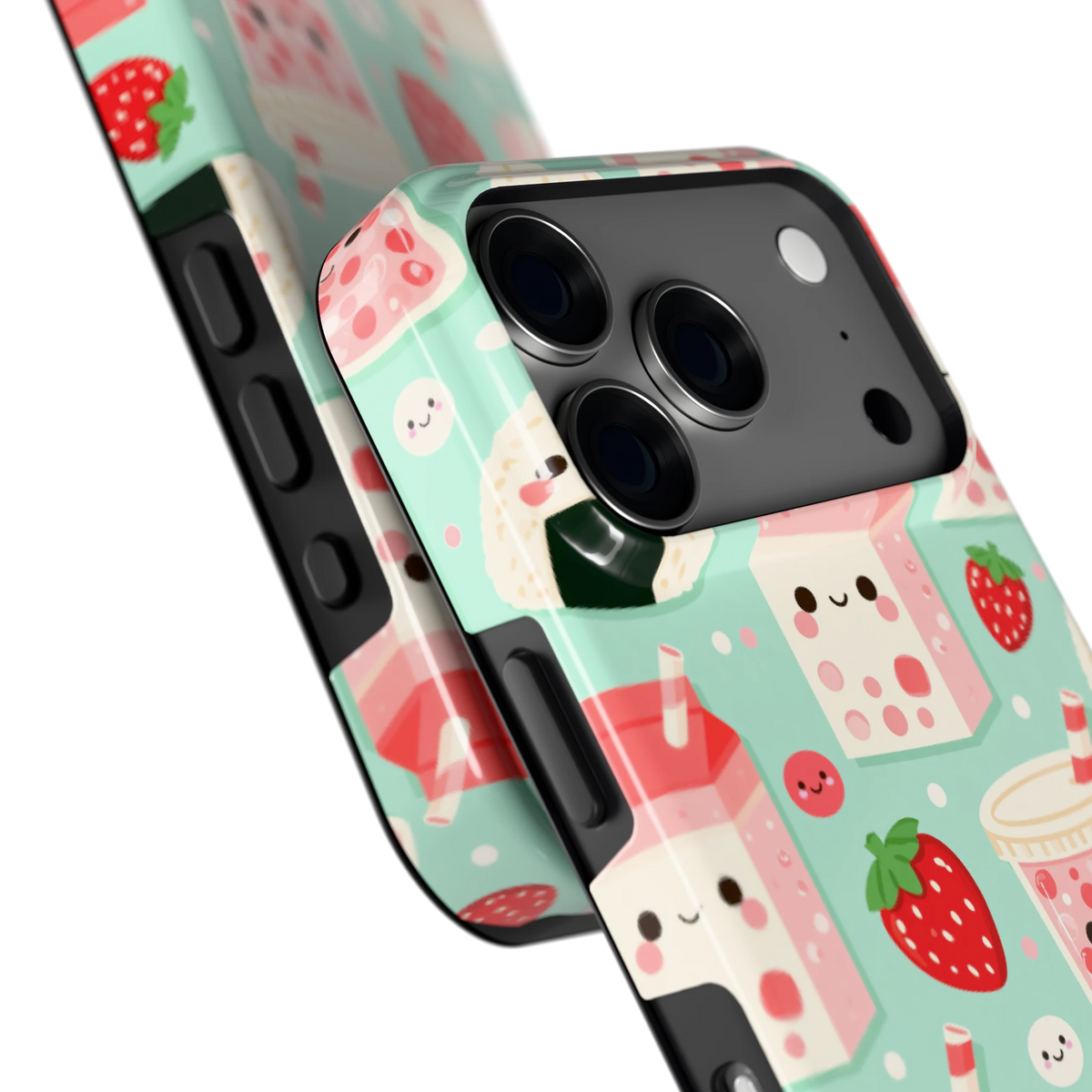 Kawaii Aardbeisnacks hoesje voor iPhone 18 Pro, close-up
