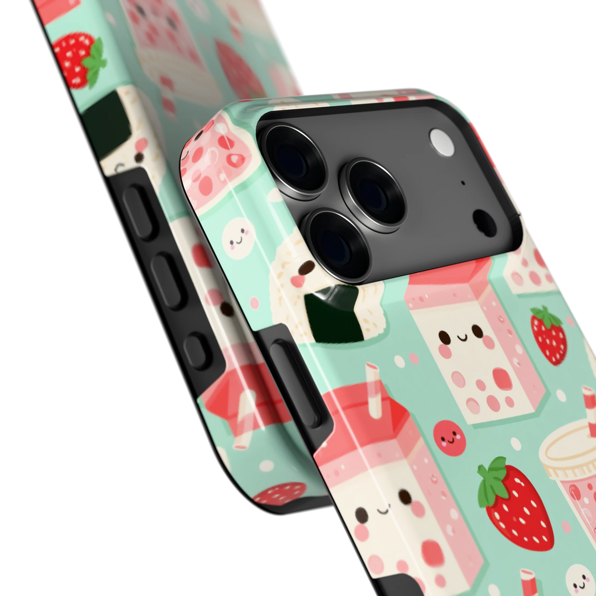 Kawaii Aardbeisnacks hoesje voor iPhone 18 Pro Max, close-up