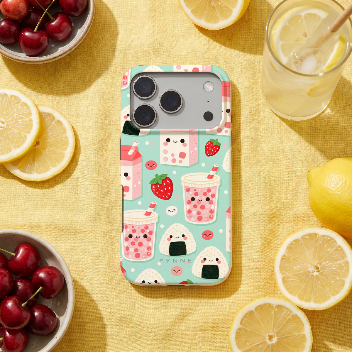 Kawaii Aardbeisnacks hoesje op een iPhone 17 Pro, uit The Fruit Collection