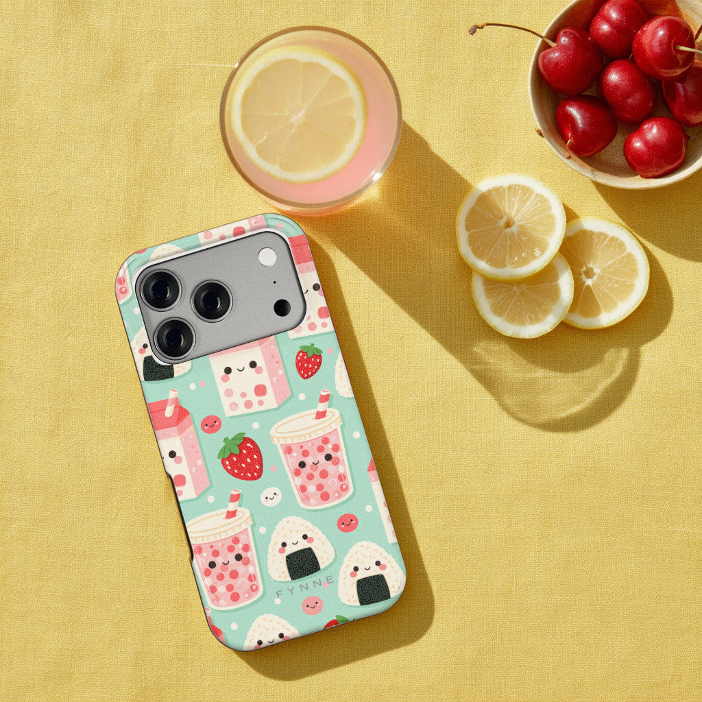 Kawaii Aardbeisnacks hoesje op een iPhone 17 Pro, uit The Fruit Collection