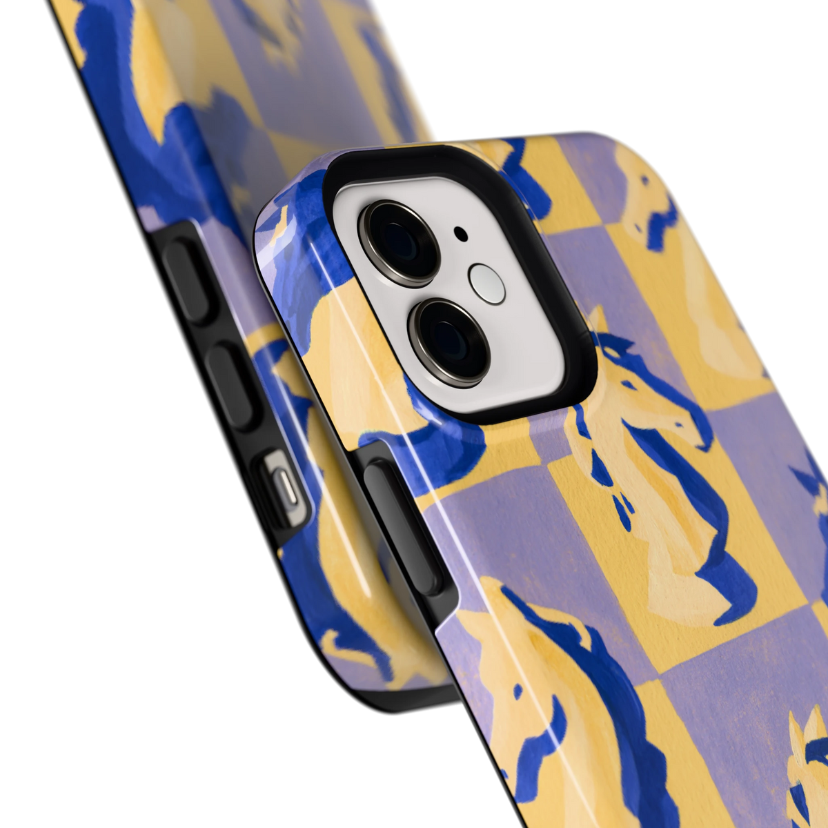 Schaakpaarden Dambord hoesje voor iPhone 12, close-up