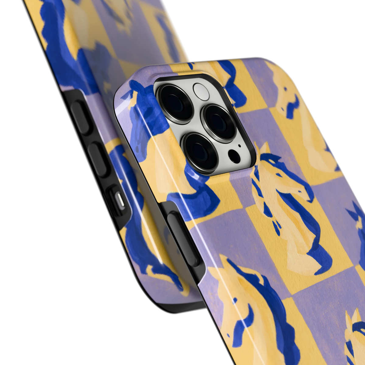 Schaakpaarden Dambord hoesje voor iPhone 12 Pro Max, close-up