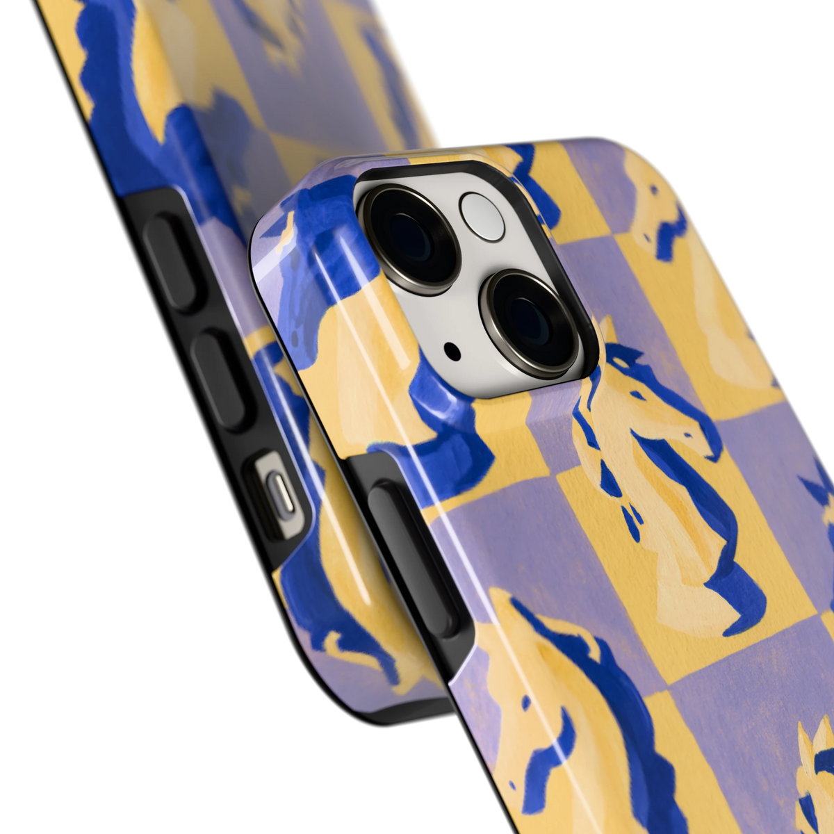 Schaakpaarden Dambord hoesje voor iPhone 13 mini, close-up