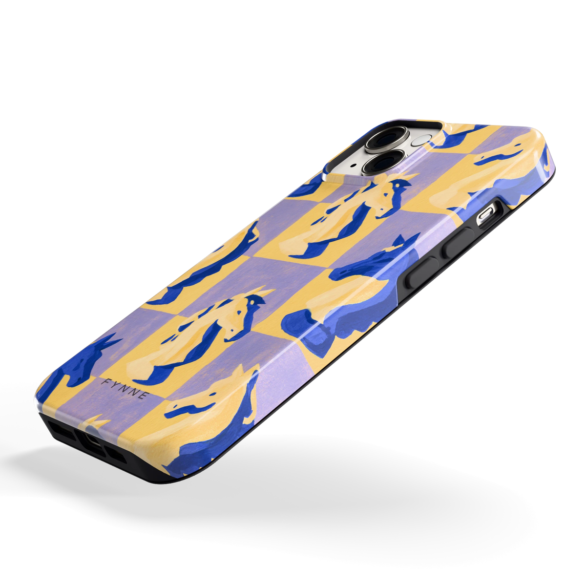 Schaakpaarden Dambord hoesje voor iPhone 14, schuin