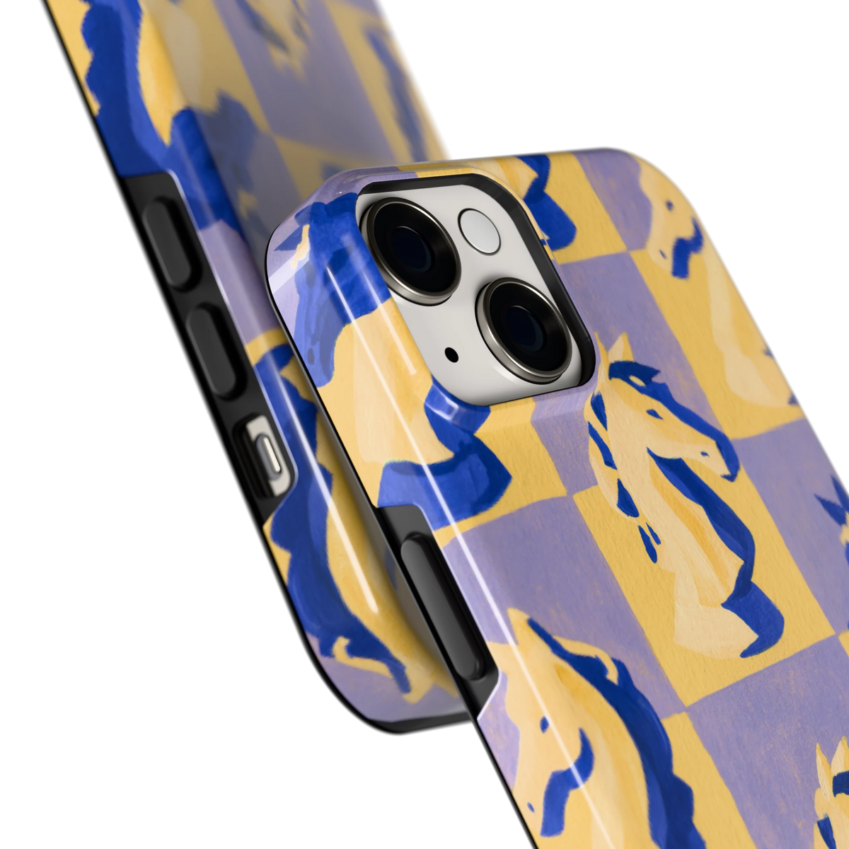 Schaakpaarden Dambord hoesje voor iPhone 14, close-up