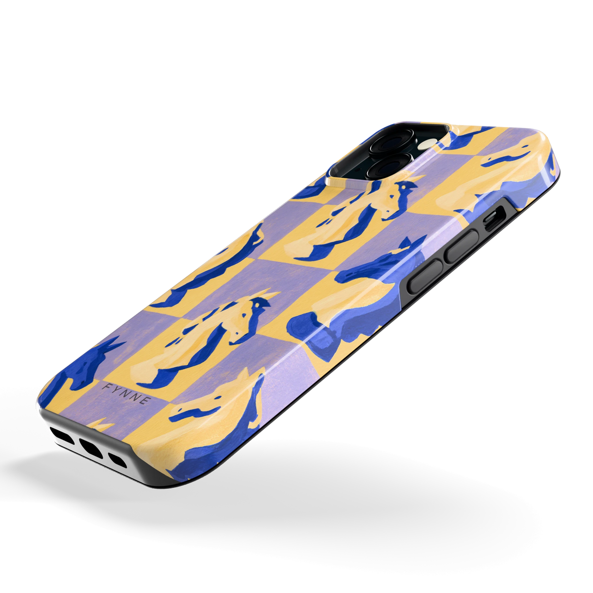 Schaakpaarden Dambord hoesje voor iPhone 15, schuin