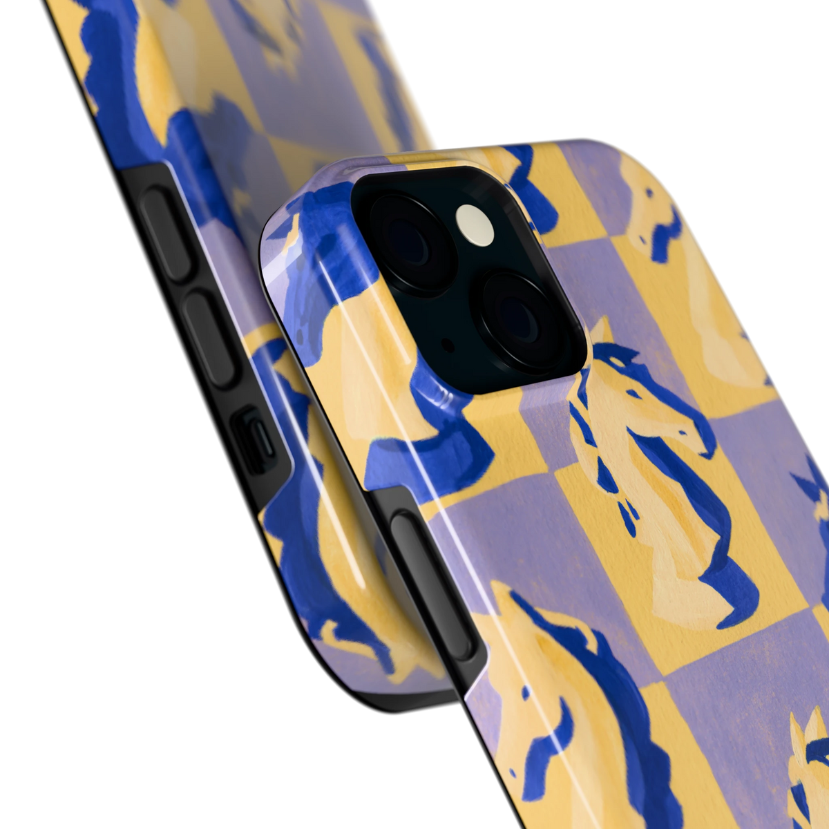 Schaakpaarden Dambord hoesje voor iPhone 15, close-up
