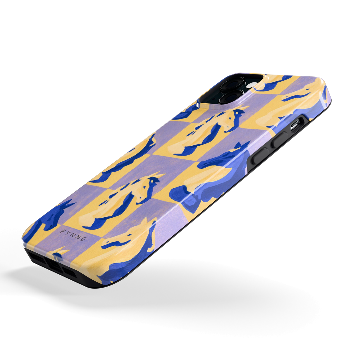 Schaakpaarden Dambord hoesje voor iPhone 15 Plus, schuin