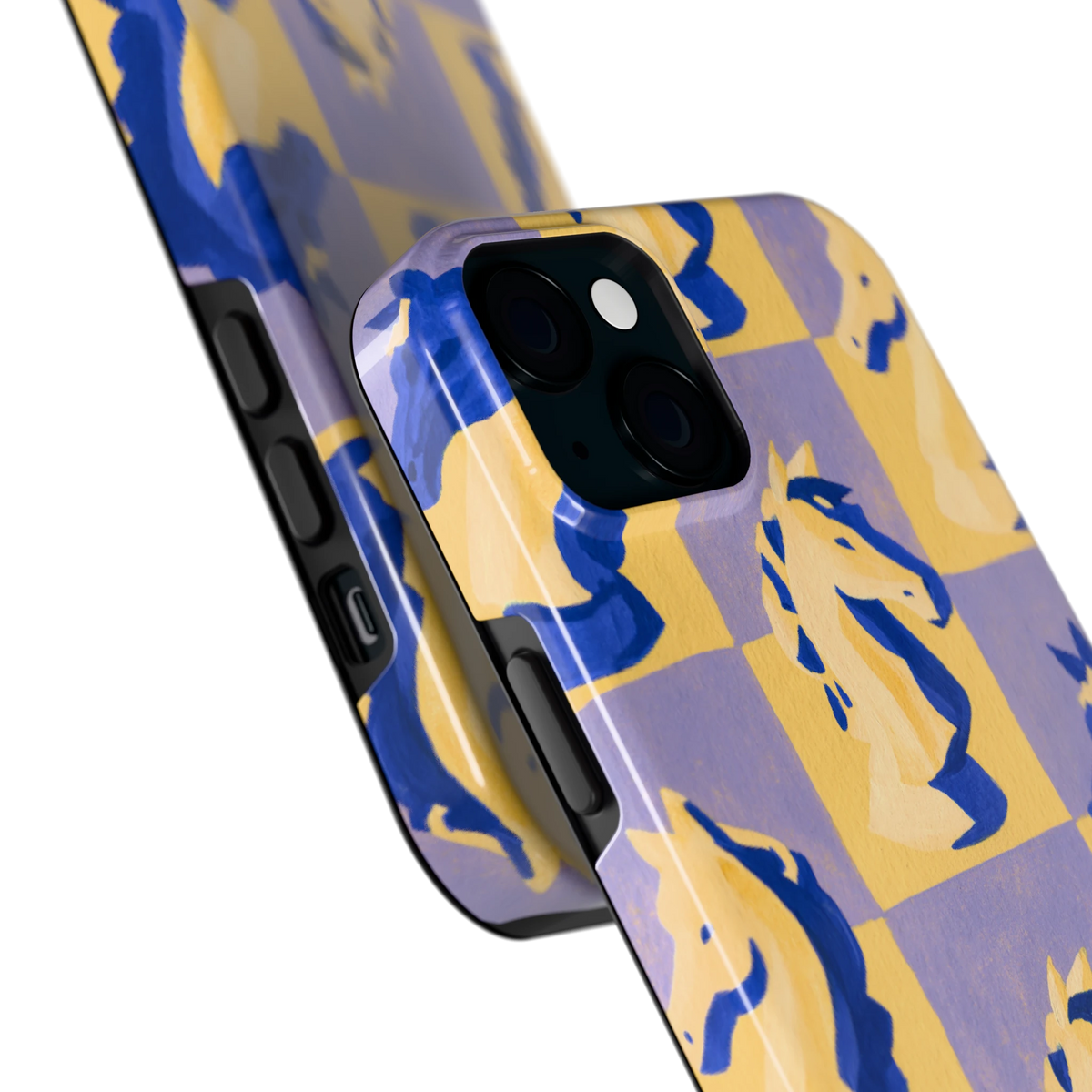 Schaakpaarden Dambord hoesje voor iPhone 15 Plus, close-up