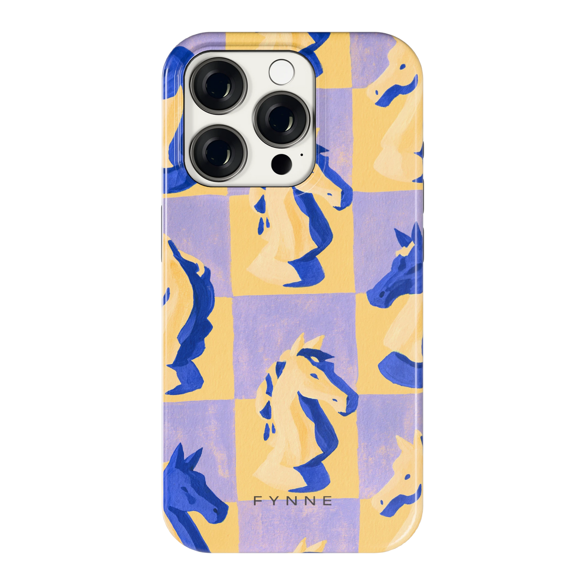 Schaakpaarden Dambord hoesje voor iPhone 15 Pro, achterkant