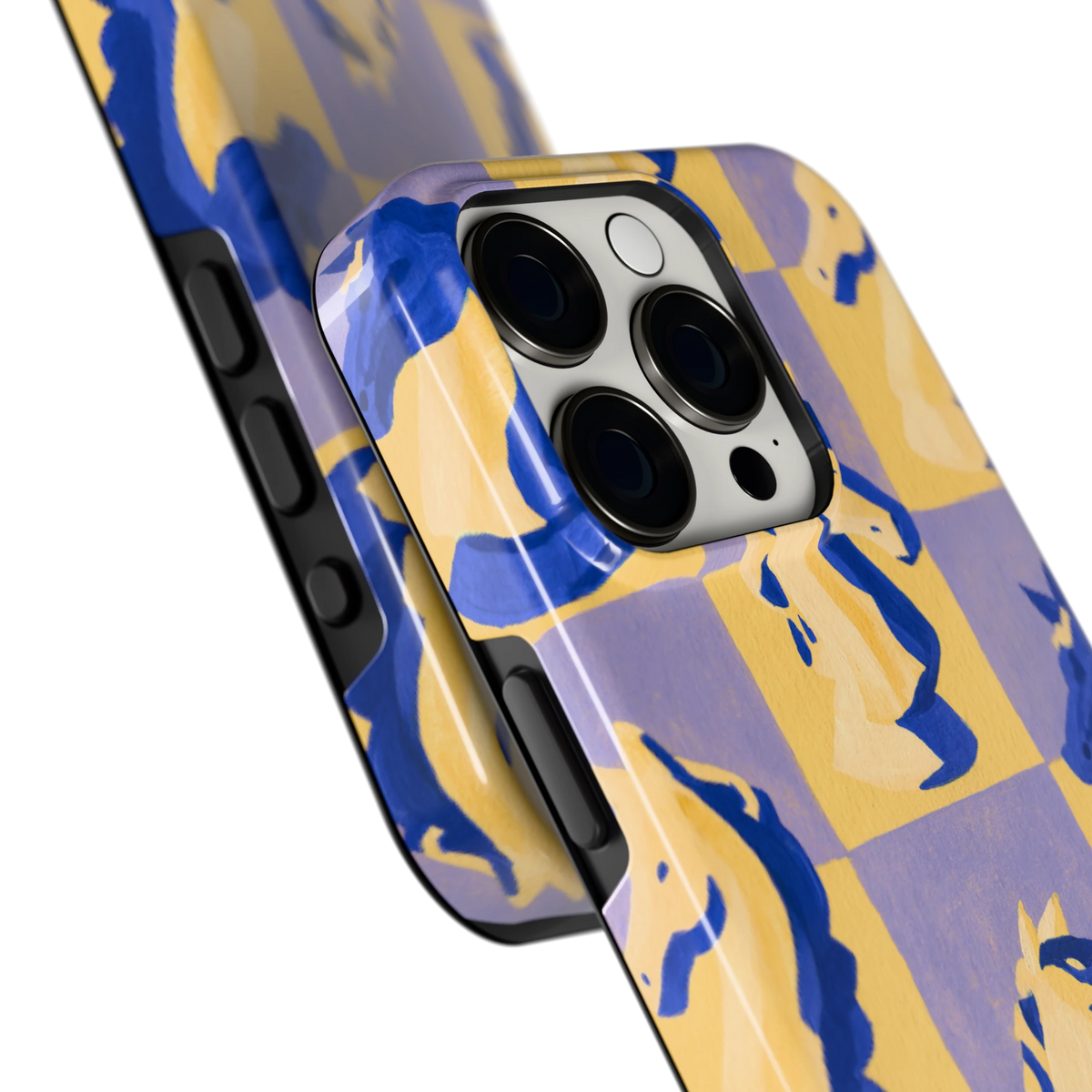 Schaakpaarden Dambord hoesje voor iPhone 15 Pro, close-up