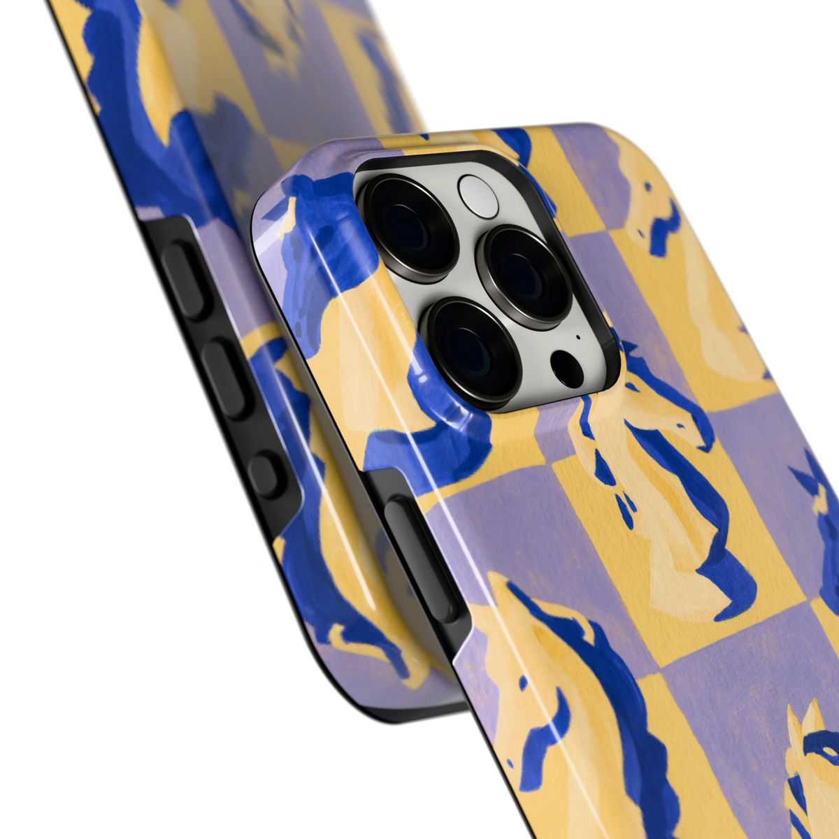Schaakpaarden Dambord hoesje voor iPhone 15 Pro Max, close-up