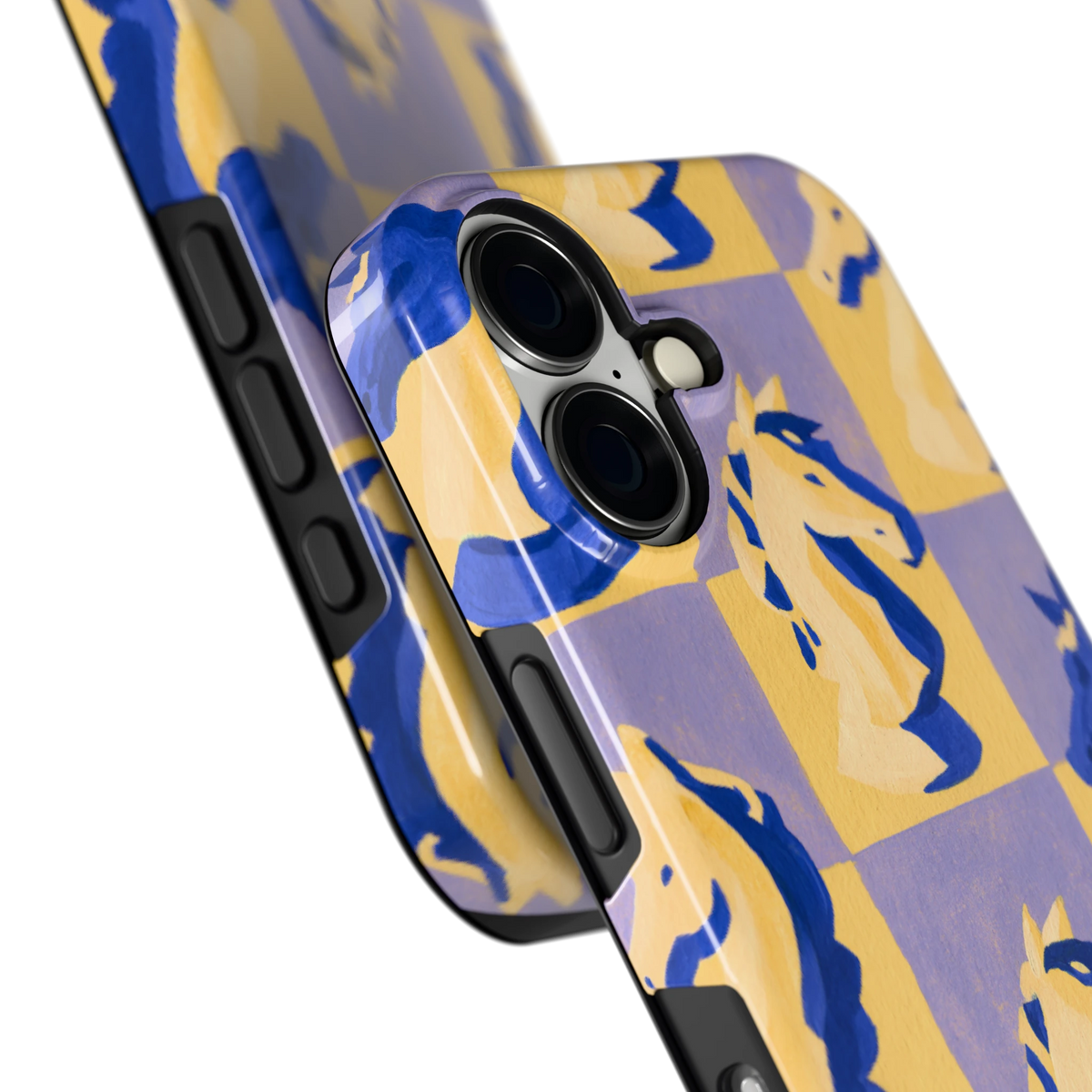 Schaakpaarden Dambord hoesje voor iPhone 16, close-up