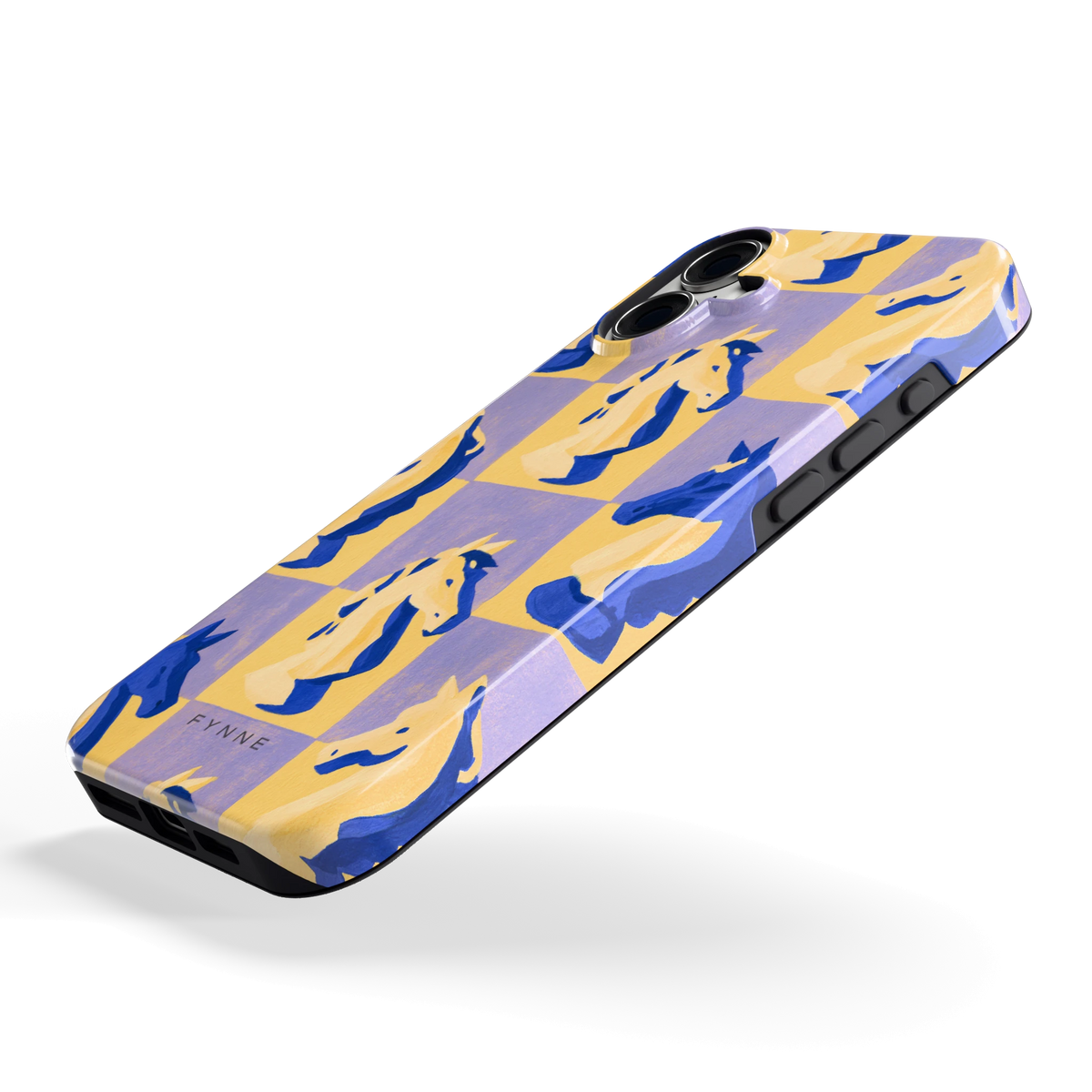 Schaakpaarden Dambord hoesje voor iPhone 16 Plus, schuin