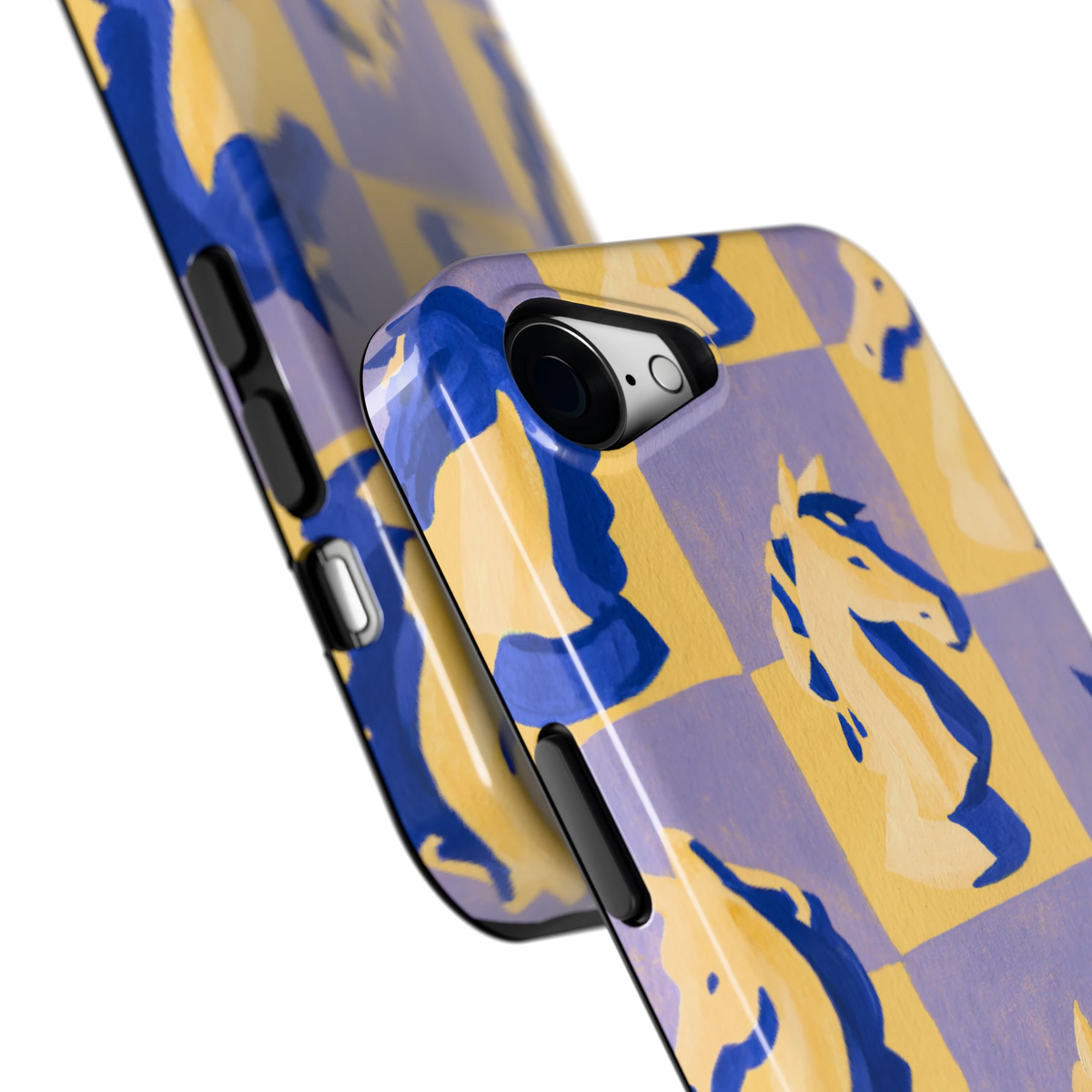 Schaakpaarden Dambord hoesje voor iPhone 16e, close-up