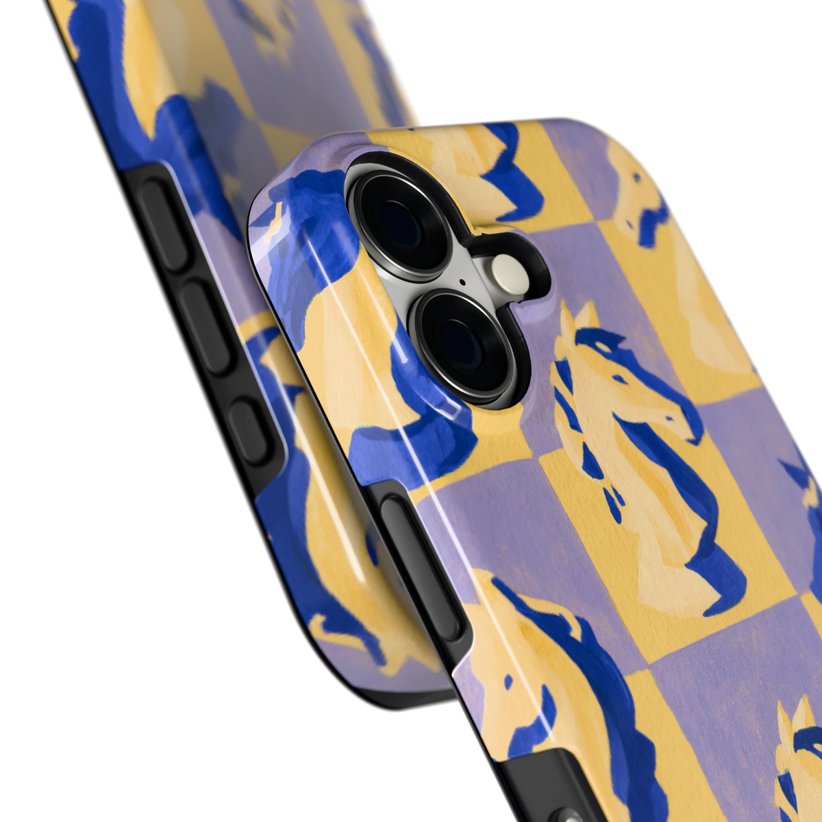 Schaakpaarden Dambord hoesje voor iPhone 17, close-up