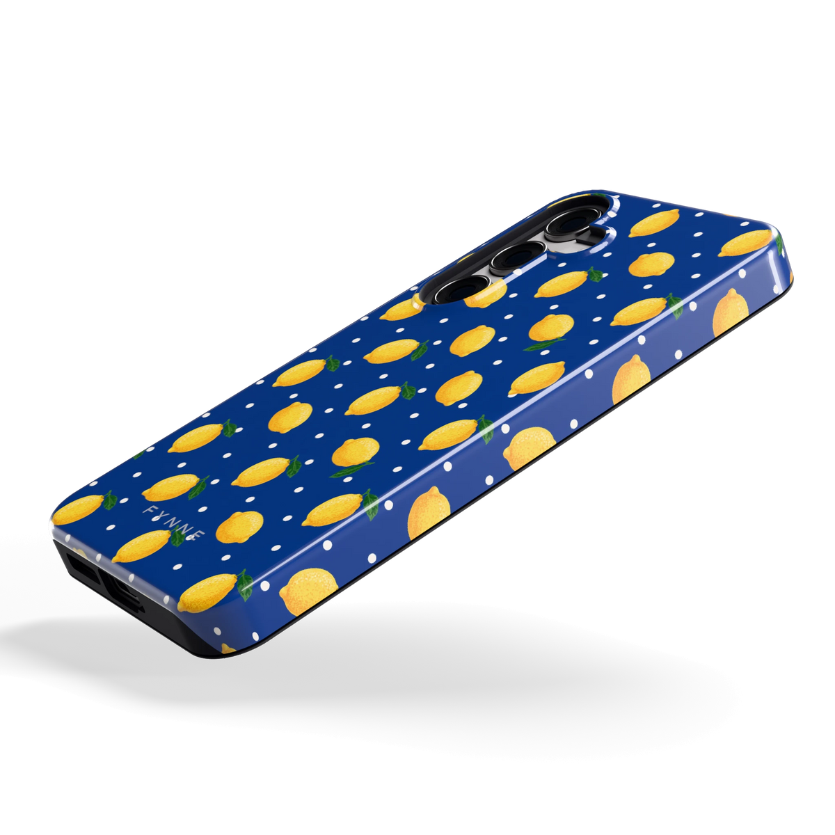 Citroenen op marineblauw hoesje voor Galaxy S24, schuin