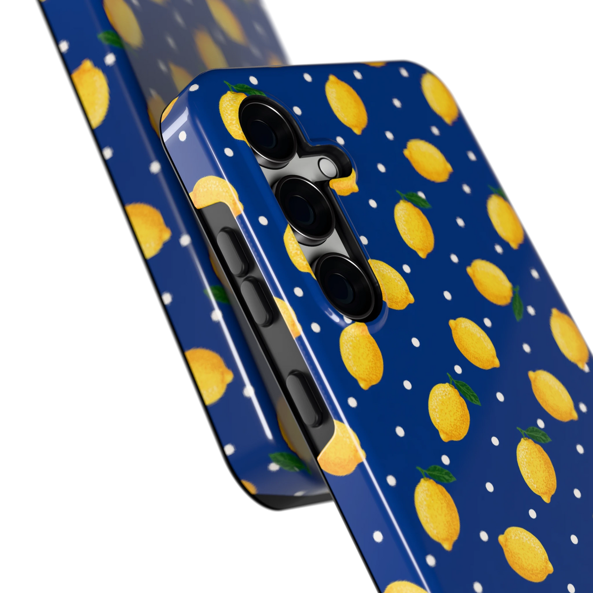 Citroenen op marineblauw hoesje voor Galaxy S24 FE, close-up