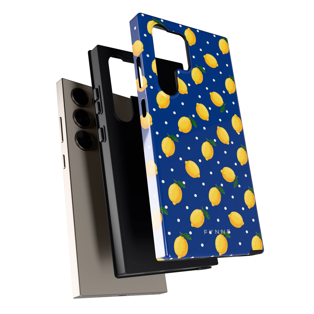 Citroenen op marineblauw hoesje voor Galaxy S24 Ultra, los van de telefoon