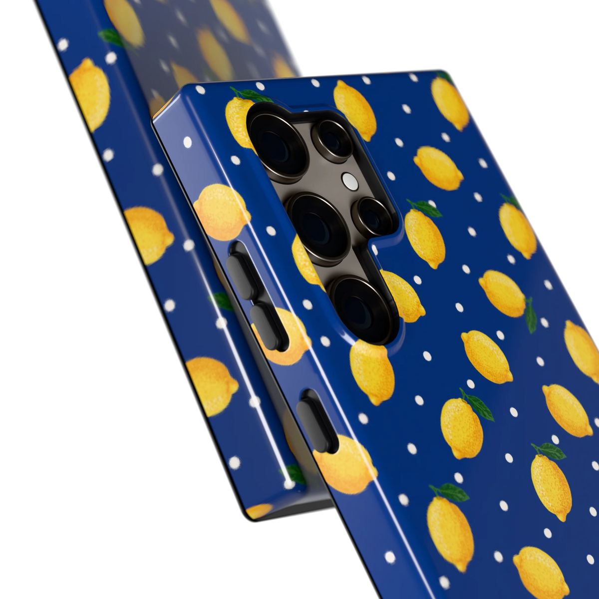 Citroenen op marineblauw hoesje voor Galaxy S24 Ultra, close-up