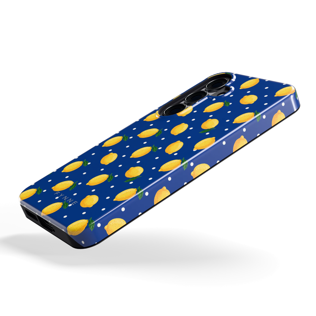 Citroenen op marineblauw hoesje voor Galaxy S25, schuin