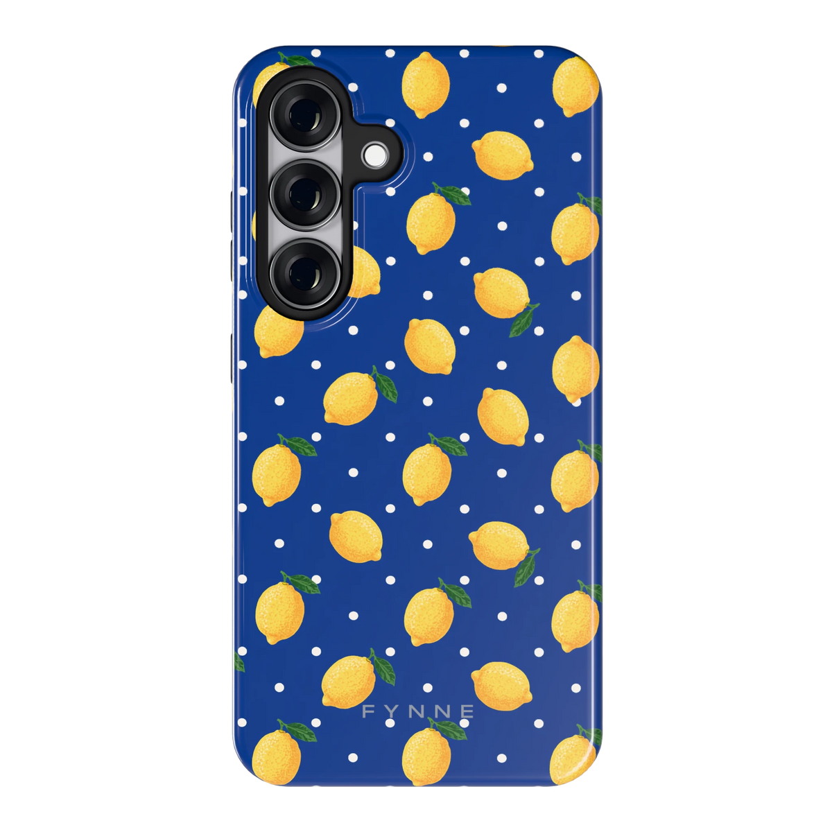 Citroenen op marineblauw hoesje voor Galaxy S25, achterkant