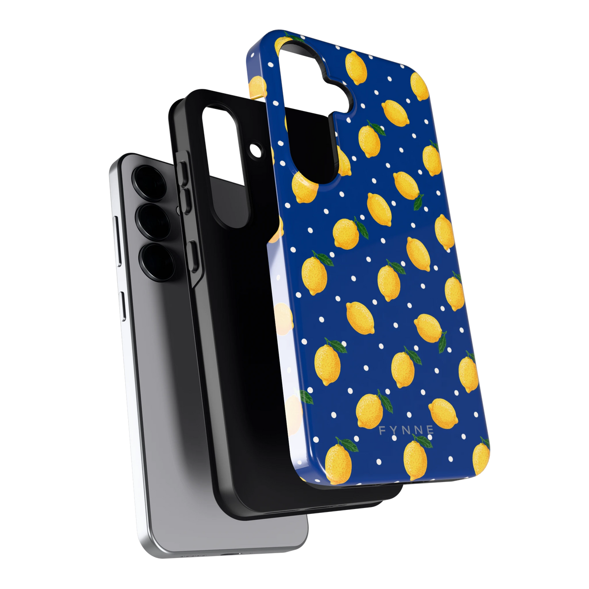 Citroenen op marineblauw hoesje voor Galaxy S25, los van de telefoon