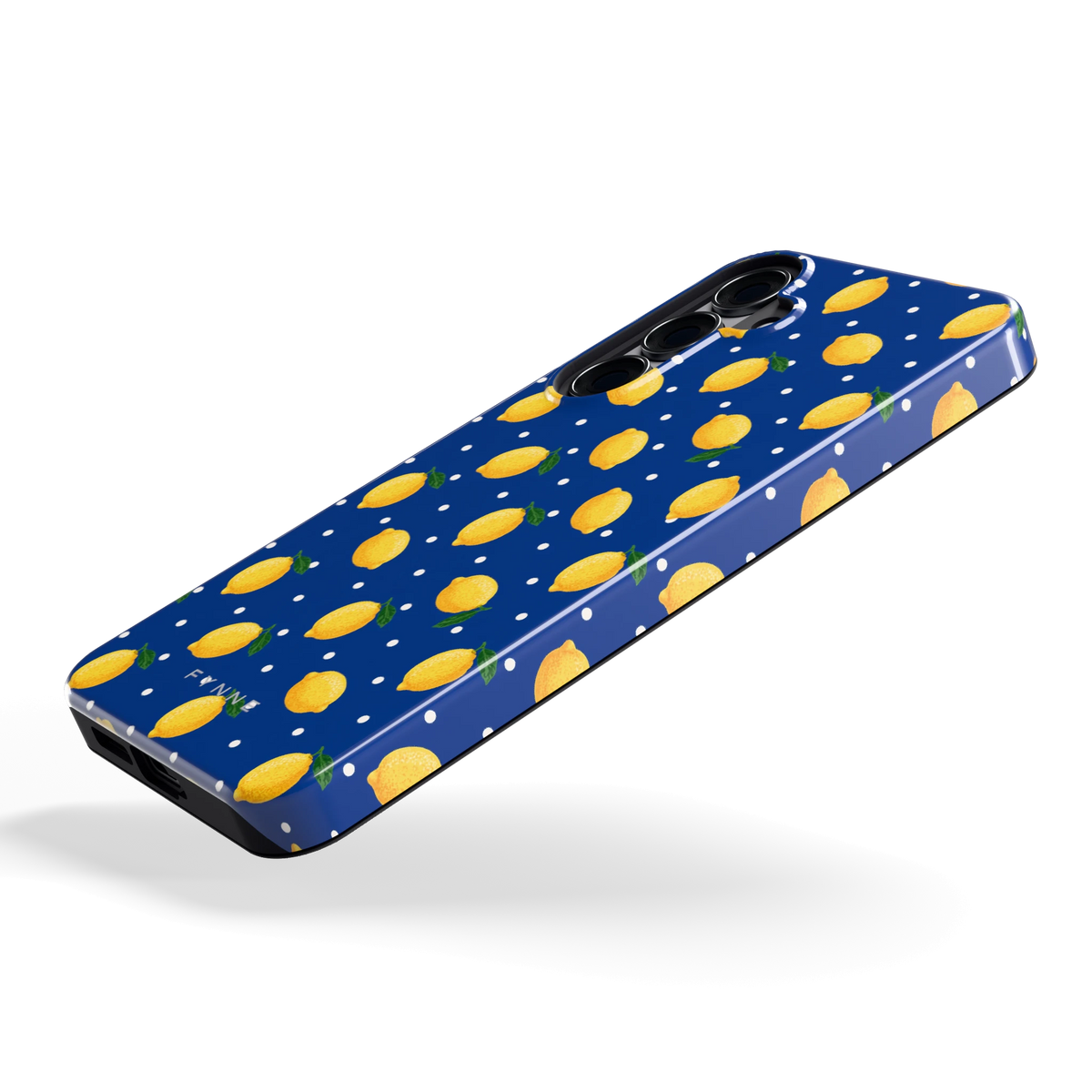 Citroenen op marineblauw hoesje voor Galaxy S25+, schuin