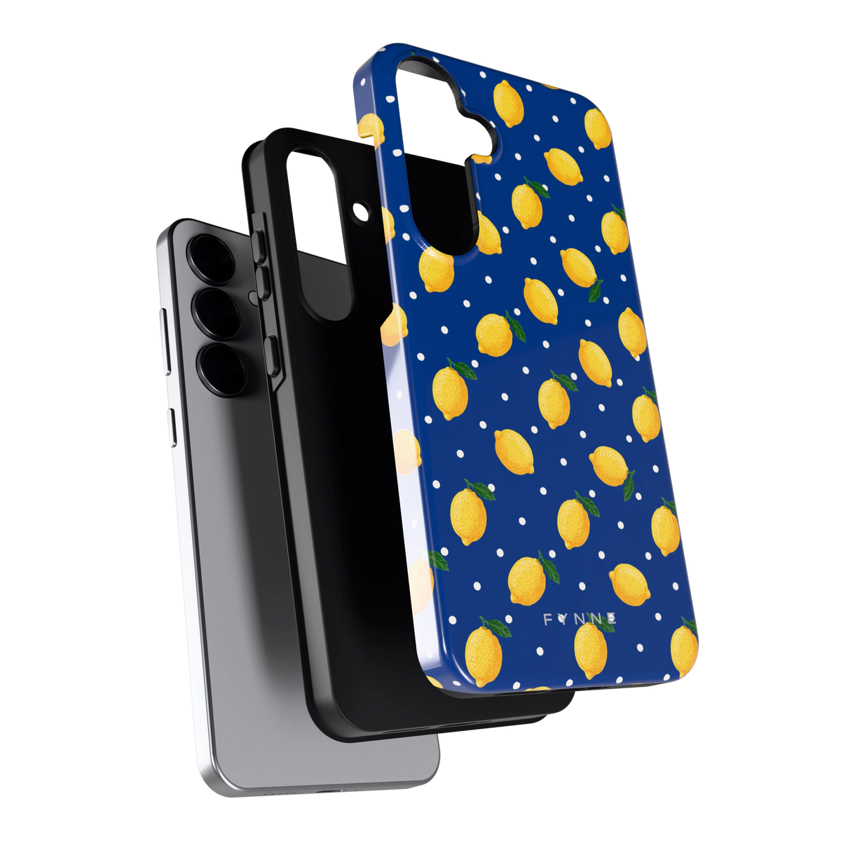 Citroenen op marineblauw hoesje voor Galaxy S25+, los van de telefoon